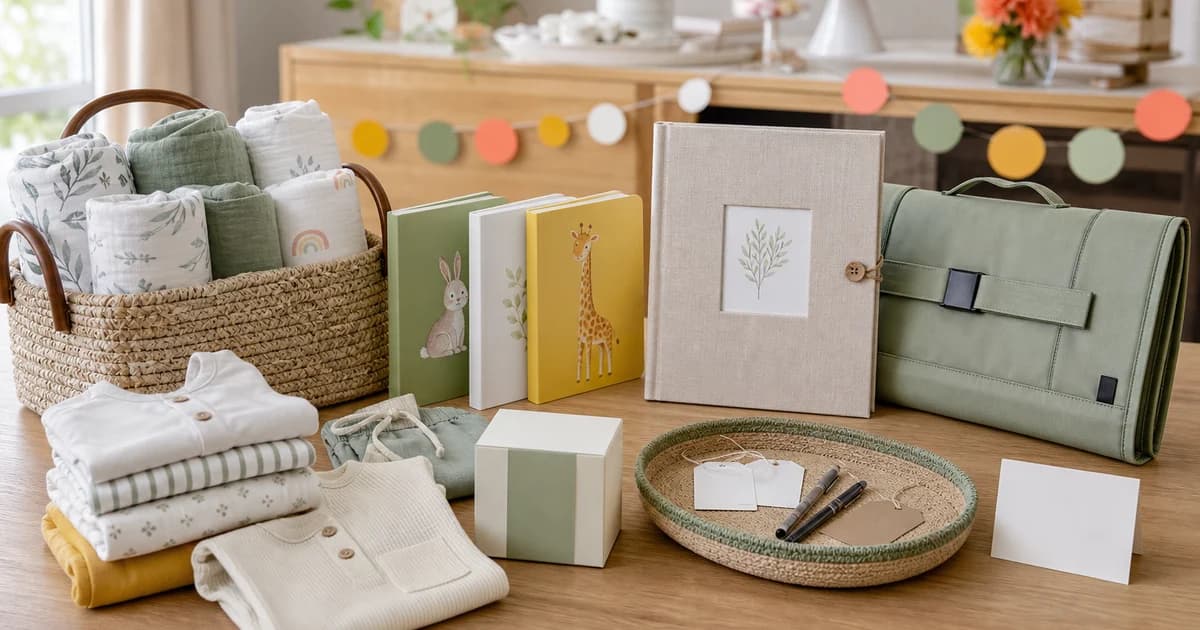 Unwrapped baby shower gifts arranged with blank tags on a display table