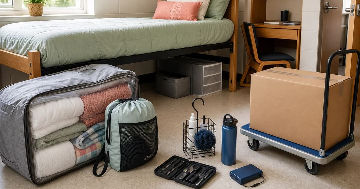 College dorm move-in with bedding, laundry bag, shower caddy, tool kit, and a shipping box on a cart