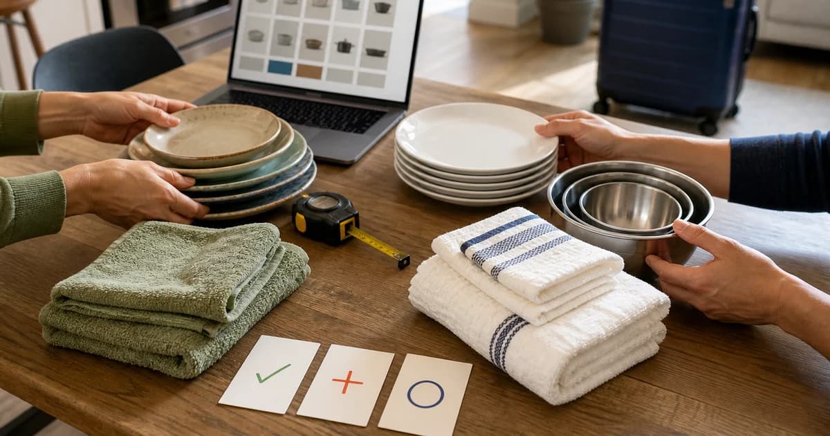 Couple comparing plates, towels, and nesting bowls during a wedding registry home audit